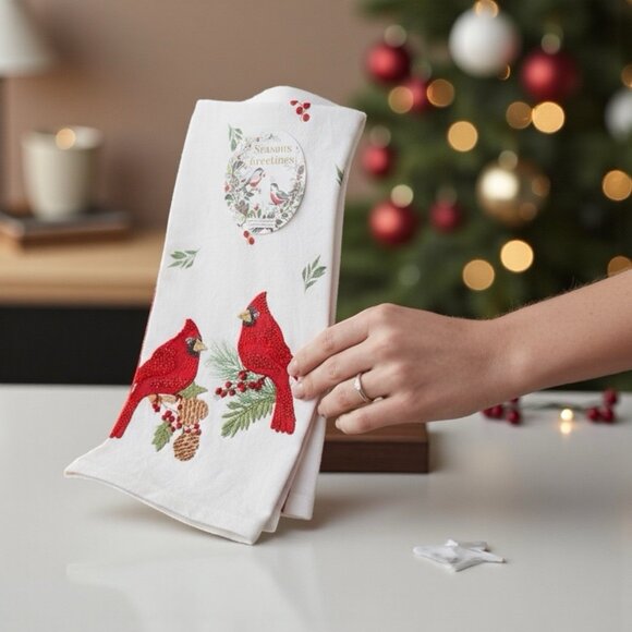 CHRISTMAS CARDINAL Dish Kitchen Towel Set 2 Embroidered Detailed HOSTESS GIFT - Picture 9 of 11